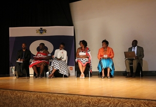 Discussion panel members from left Elections and Boundaries Commission representative Mr. Mbonisi Bhembe, Traditional leadership representative Chief Mawandla Gamedze, Swaziland National Youth Council (SNYC) Representative Ms. Colisile Masilela, Coordinating Assembly of Non- Governmental organisations (CANGO) representative Ms. Lungile Mnisi, Lutsango Women’s regiment representative Princess Phumelele and Ministry of Justice and Constitutional Affairs representative Mr. Vikinduku Manana ©UNFPA 2018