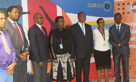 Honourable Minister of Sports Culture, And Youth Affairs Mr. D. Ngcamphalala flanked by the UNFPA Assistant Representative, Ms. Margaret Thwala-Tembe (right), Swaziland National Youth Council Chairperson, Mr. Babsy Mavuso, The Ministry’s Principal Secretary Prince Mlayeto and the Under Secretary, Mr. Henry Zeeman, left, Ms. Sally Mlotsa, Assistant to the UNFPA Representative and Mr. Petros Dlamini CEO for the Swaziland National Youth Council © UNFPA Swaziland 2017